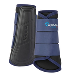 Two equestrian leg boots from ARMA World Cup on a plain white background. One boot is shown from the front, displaying its dark gray protective panel and the brand logo, while the other is shown from the side, highlighting the navy blue straps and black footbed.