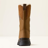 Ariat Wetherby H20 Insulated Variant Dark Earth. A single mid-calf winter boot shown from the back, featuring a brown suede and leather upper, a black rubber sole, and a white shearling lining at the top, set against a plain off-white background.