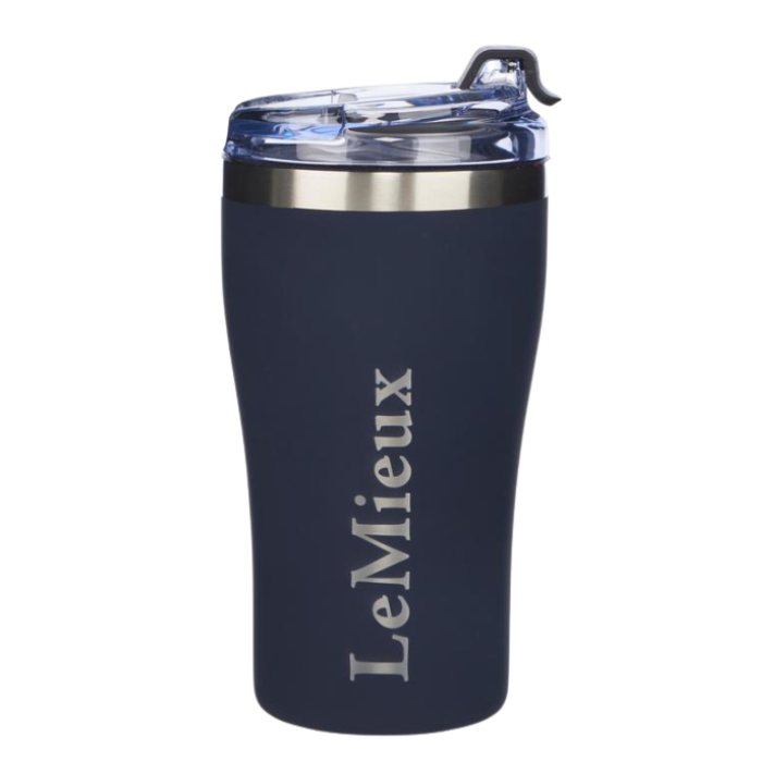 LeMieux AW26 Travel Cup Varient Navy. A navy blue insulated travel tumbler with a clear lid and a silver stainless steel band, featuring the brand name 'LeMieux' printed vertically in silver on the front.