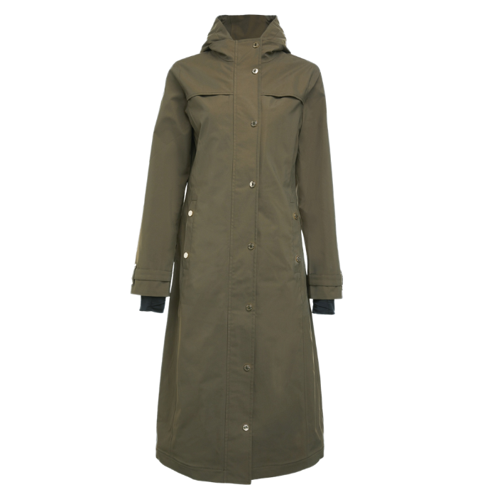 Holland Cooper Folgate Rain Coat Variant Soft Khaki. Long khaki coat with elasticated arm cuffs, gold button detailing and a large hood against a white background. 