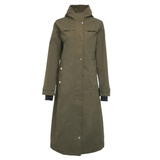 Holland Cooper Folgate Rain Coat Variant Soft Khaki. Long khaki coat with elasticated arm cuffs, gold button detailing and a large hood against a white background. 