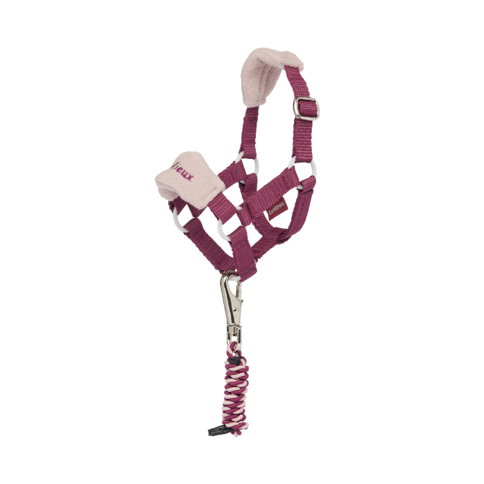 LeMieux AW26 Toy Pony Vogue Headcollar & Leadrope Variant Colour Blackberry. A toy pony headcollar and leadrope in blackberry colour withe white faux fur trim on white background
