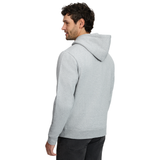 LeMieux AW26 Mens Hoodie Varient Grey. A man wearing a light gray heathered pullover hoodie, shown from a three-quarters back view against a plain white background.