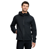 LeMieux AW26 Mens Waterproof Lightweight Jacket Varient Black. A man wearing a black hooded zip-up jacket and black pants, standing against a plain white background.