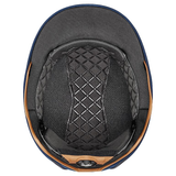 Close-up of a helmet's interior with a quilted design on a white background