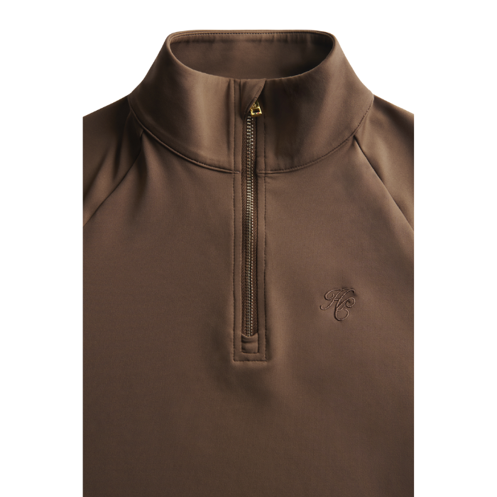 Brown pullover with a quarter zip and logo on a white background