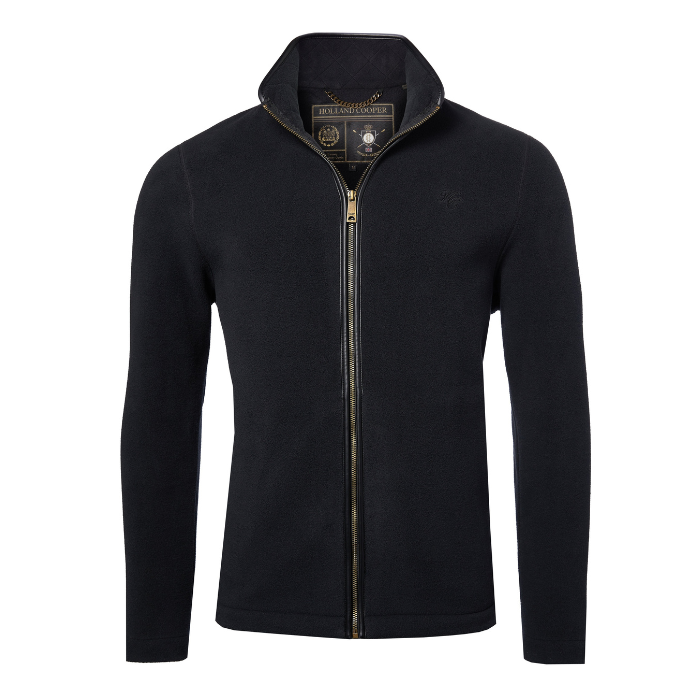 Holland Cooper Country Fleece Jacket (Men's) Variant Black. Long sleeve black fleece with Black leather trim detailing and a gold zip on a white background. 
