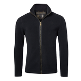 Holland Cooper Country Fleece Jacket (Men's) Variant Black. Long sleeve black fleece with Black leather trim detailing and a gold zip on a white background. 