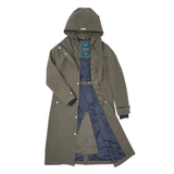 Holland Cooper Folgate Rain Coat Variant Soft Khaki. Long khaki coat with an open zip and navy lining.