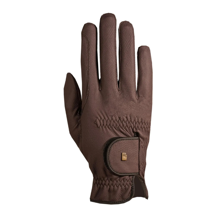 Mocha riding glove with a small gold logo on a velcro strap shown on a white background. 