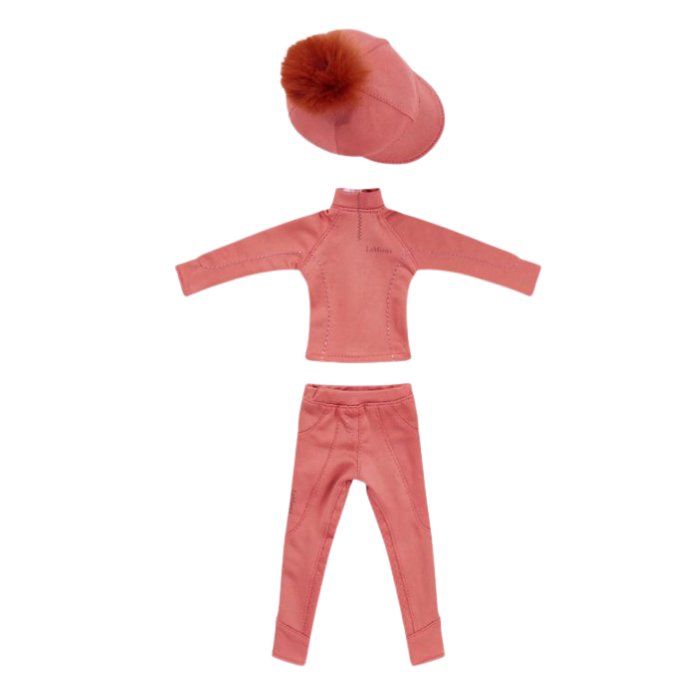 LeMieux AW26 Toy Rider Outfit Varient Spiced. Matching Spiced top and trousers with a matching hat silk on a white background. 