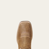 Ariat Ladie's Western Round Up Remuda Wide Toe Varient Brown Bomber. A close-up top-down view of a brown leather boot with decorative stitching and a square toe, shown against a solid off-white background.