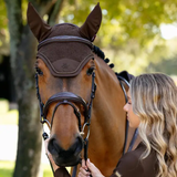 Horse wearing brown hood and bridle with person holding on faded background
