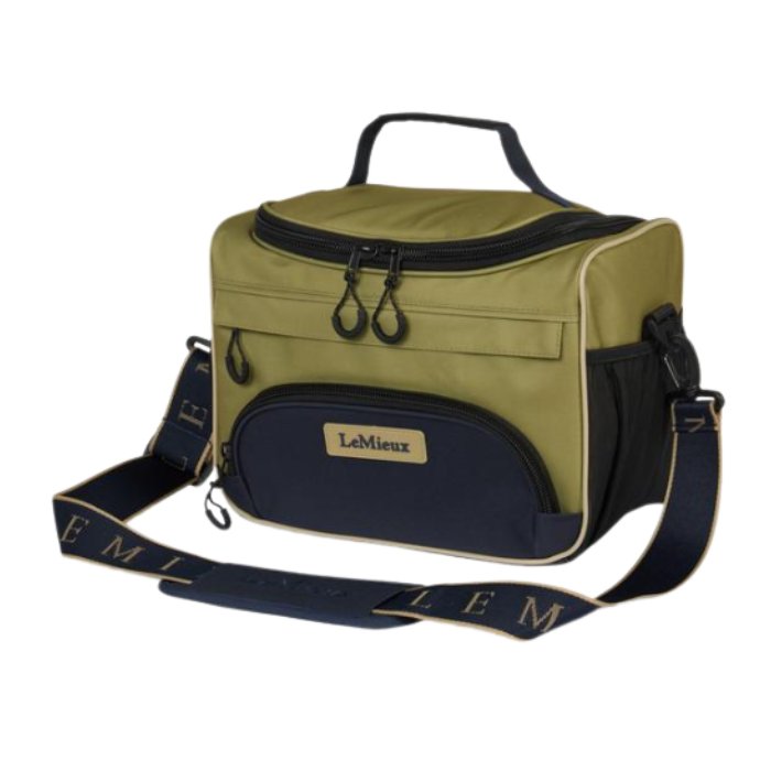 LeMieux AW26 ProKit Lite Grooming Bag Varient Gooseberry. A LeMieux soft-sided cooler bag in olive green and navy blue, featuring a top handle, zippered compartments, and a detachable navy blue shoulder strap with gold lettering.