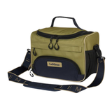 LeMieux AW26 ProKit Lite Grooming Bag Varient Gooseberry. A LeMieux soft-sided cooler bag in olive green and navy blue, featuring a top handle, zippered compartments, and a detachable navy blue shoulder strap with gold lettering.