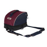 LeMieux AW26 Hat Bag Varient Blackberry. A LeMieux hat carrier bag in burgundy and navy blue with a black base and a matching navy shoulder strap featuring gold lettering, shown on a plain white background.