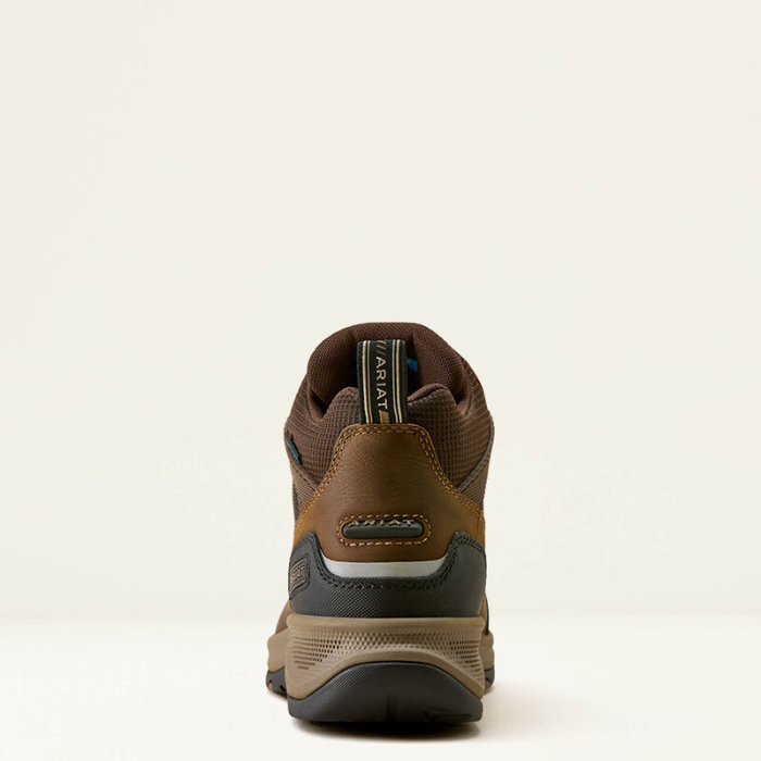 Ariat Ladies Terrain Trek H20 Variant Dark Chocolate. A brown and tan mid-height hiking boot shown from the rear, featuring a dark gray heel counter and a tan outsole, photographed against a clean off-white background.