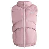A light pink puffer vest with a full front zipper, high collar, and a small white stylized logo on the left chest, shown against a plain white background.