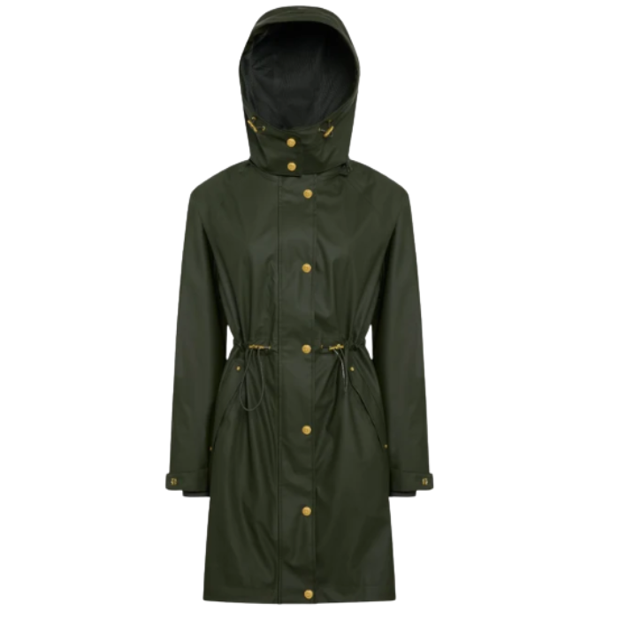 Holland Cooper Chartwell Rain Parka Variant Hunter Green. An olive green hooded raincoat with gold-tone snap buttons and drawstring details, shown on a plain white background.