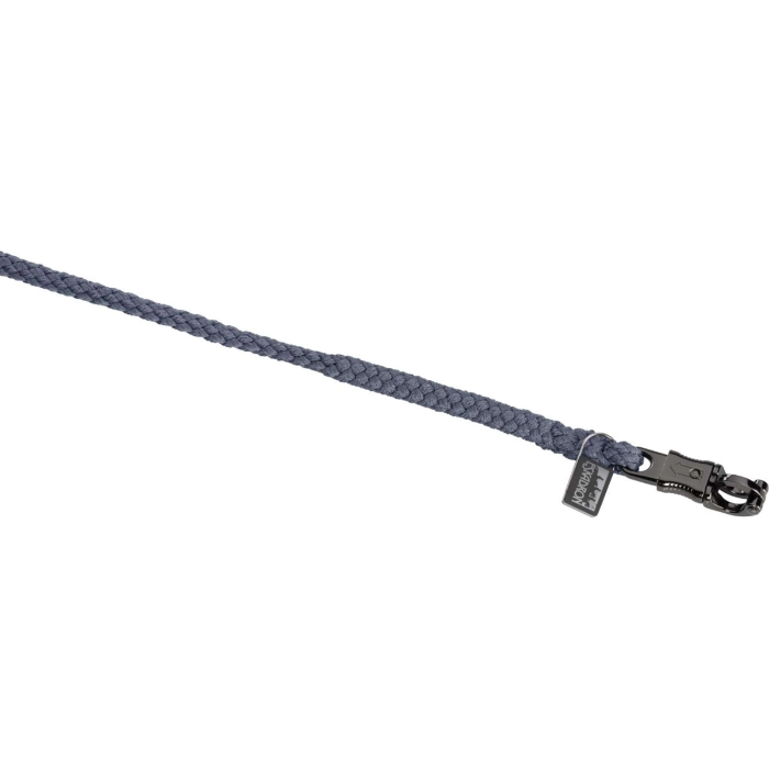 Navy blue horse lead with a silver clasp on a white background