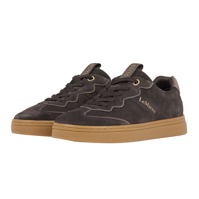 LeMieux AW26 Stockbridge Suede Trainers Variant Colour Cocoa.
A pair of brown suede sneakers with gum soles and gold branding details, shown against a plain white background.
