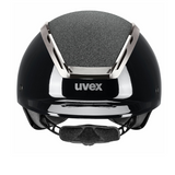 Black and silver riding hat with 'uvex' branding on a white background