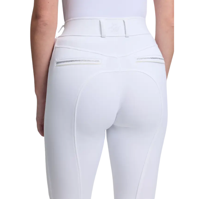 White riding pants with a subtle pattern on a white background