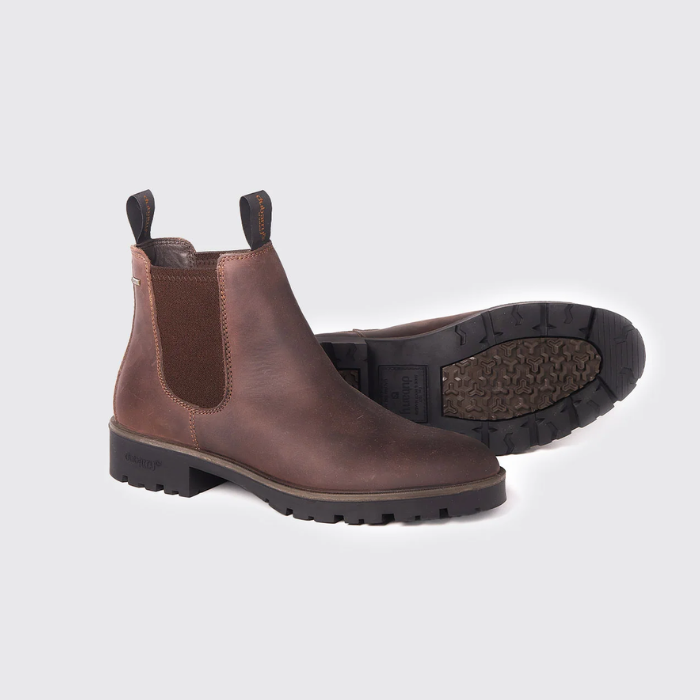 Dubarry Mens Antrim Country Boots Variant Old Rum. A pair of dark brown leather Chelsea boots shown from the side and sole view, set against a plain light gray background.