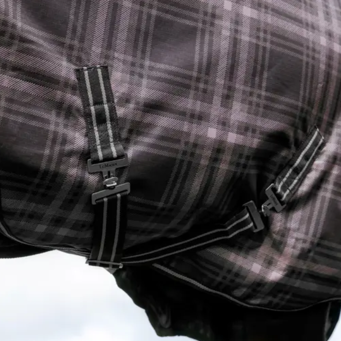 Close up of a horse rug with cross surcingles. 