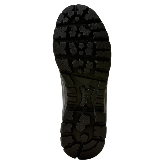 Ariat Ladies Woodstock Insulated Wellies Variant Navy. A top-down view of a black rugged shoe sole with deep lugs and a textured tread pattern, shown against a plain white background.