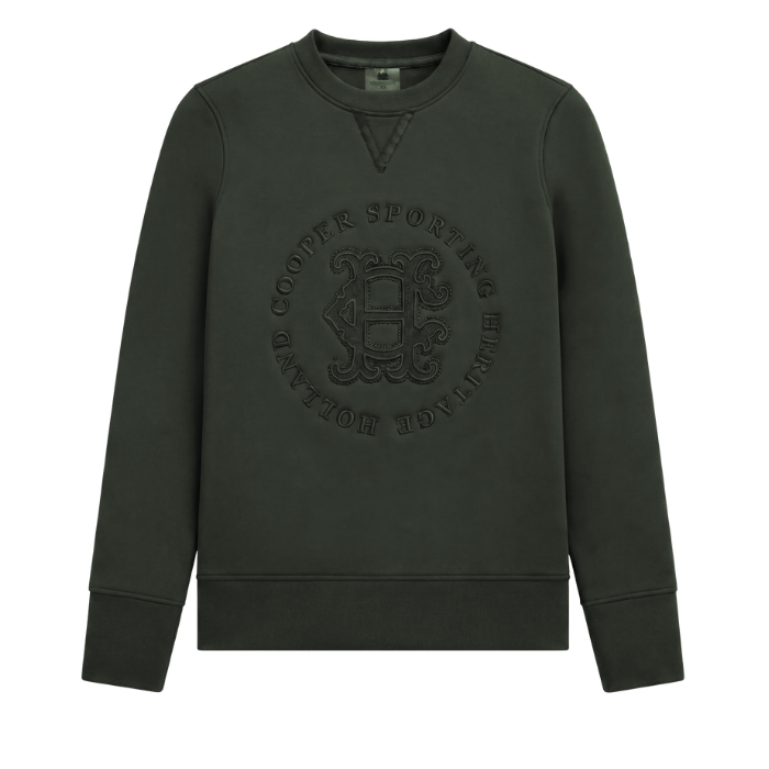 Holland Cooper Cranborne Crystal Crew Variant Ivy Green. A dark olive green crewneck sweatshirt with a tonal, embossed circular graphic on the chest reading 'Cooper Sporting' and 'Holland'. The sweatshirt is displayed flat against a solid white background.