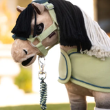 Stuffed horse toy with a green halter and leadrope on a blurred background