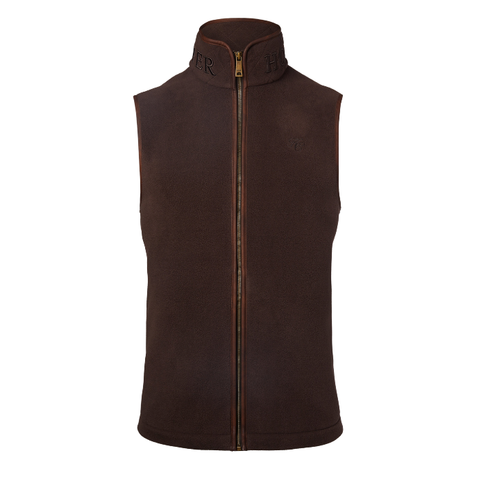 Holland Cooper Country Fleece Gilet (Men's) Variant Chocolate. Brown gilet with drown leather trim detailing on a white background. 