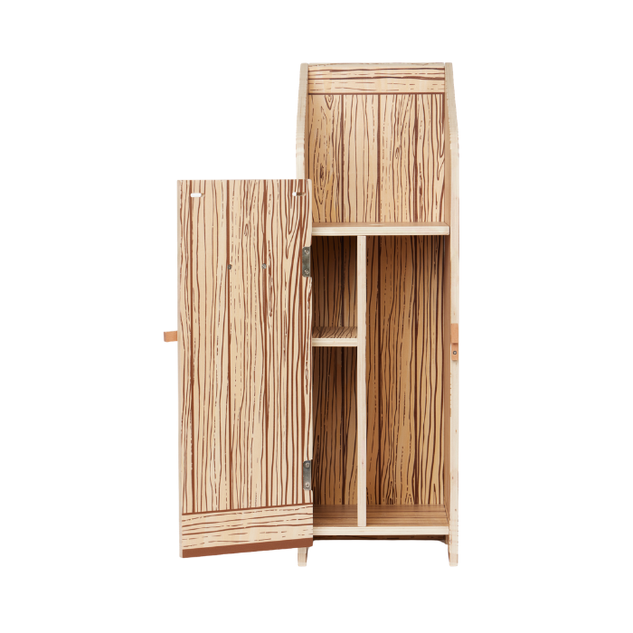 LeMieux AW26 Hobby Horse Stable Wooden Variant Colour Brown.
A toy wooden storage cabinet for a hobby horse with a natural wood grain finish, featuring a single open door on the left, a closed upper cabinet section on the right, and two internal shelves.