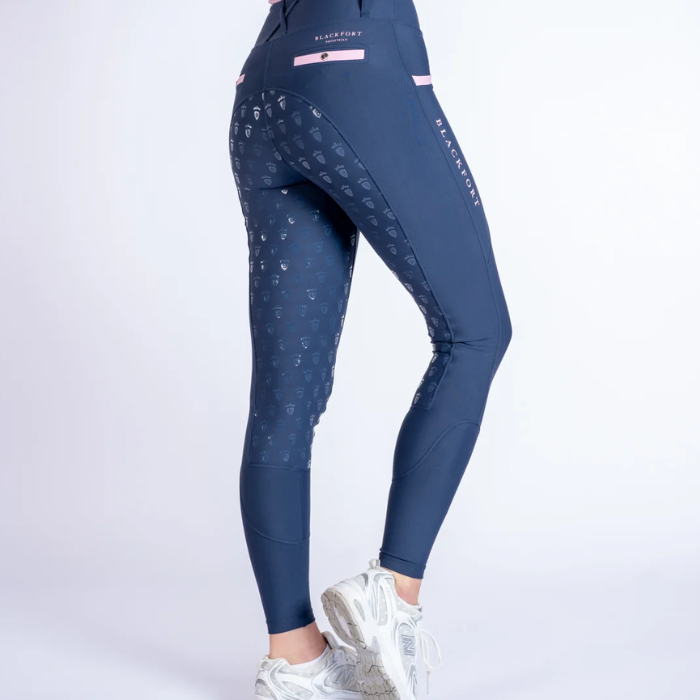 Blackfort AW26 Training Tights 3.0 Variant  Navy/ Marshmallow. Navy riding tights with Marshmallow detailing and a full seat grip against a white background. 