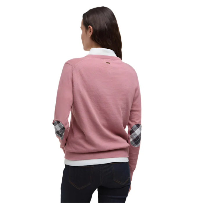 Reverse of the Barbour Ladies Lavender Knitted Jumper with tartan elbow pads.