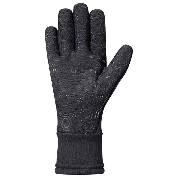 Roeckl Warwick 2 Jnr Variant Black. A single black winter glove with a textured hexagonal grip pattern on the back of the hand and a ribbed knit cuff, shown against a plain white background.