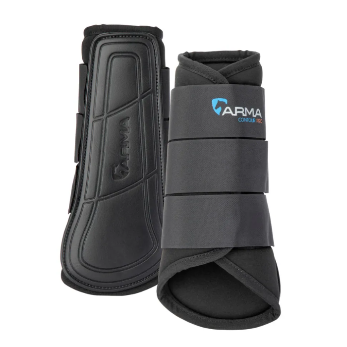 Two equestrian leg boots from ARMA World Cup on a plain white background. One boot is shown from the front, displaying its black protective panel and the brand logo, while the other is shown from the side, highlighting the black straps and black footbed.