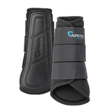 Two equestrian leg boots from ARMA World Cup on a plain white background. One boot is shown from the front, displaying its black protective panel and the brand logo, while the other is shown from the side, highlighting the black straps and black footbed.