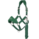 Green horse halter with a rope lead on a white background