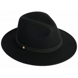 Black fedora hat with a belt on a white background
