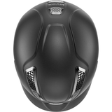 Matt black riding hat with chrome vents on white background 'Uvex'
