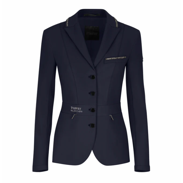 Navy blue blazer with brand logo on a white background