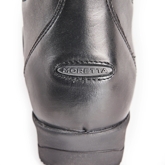 Black leather boot with 'Moretta' branding on a white background