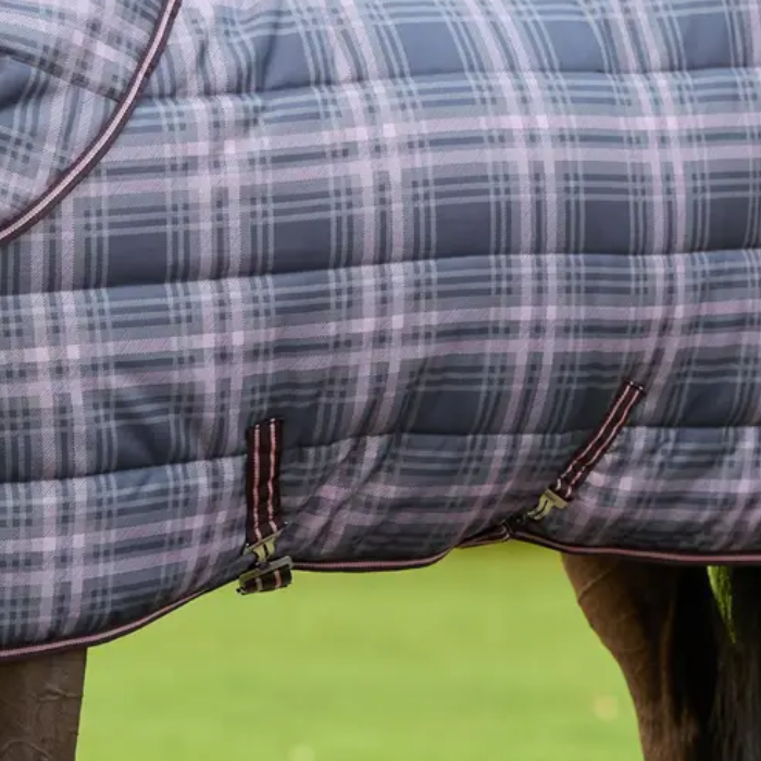 Close-up of a quilted horse blanket with a gray and white plaid pattern, featuring dark trim and metal buckles, with a blurred green outdoor background.
