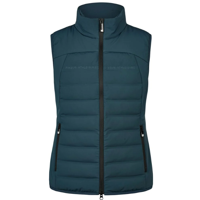 Pikeur AW26 Athleisure Quilted Flexvest Variant Pine Green. A women's sleeveless puffer vest in a dark teal blue color, featuring a full-length black front zipper, a high stand-up collar, and zippered hand pockets, shown against a plain white background.