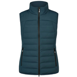 Pikeur AW26 Athleisure Quilted Flexvest Variant Pine Green. A women's sleeveless puffer vest in a dark teal blue color, featuring a full-length black front zipper, a high stand-up collar, and zippered hand pockets, shown against a plain white background.