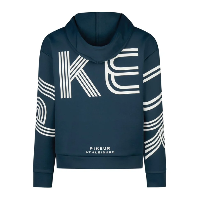 Pikeur AW26 Athleisure Zip Hoody Variant Pine Green. A dark navy blue cropped hoodie with a white graphic print of the letters PIKEUR' on the back, white concentric arc stripes on the sleeves, and 'PIKEUR ATHLEISURE' printed near the bottom hem.