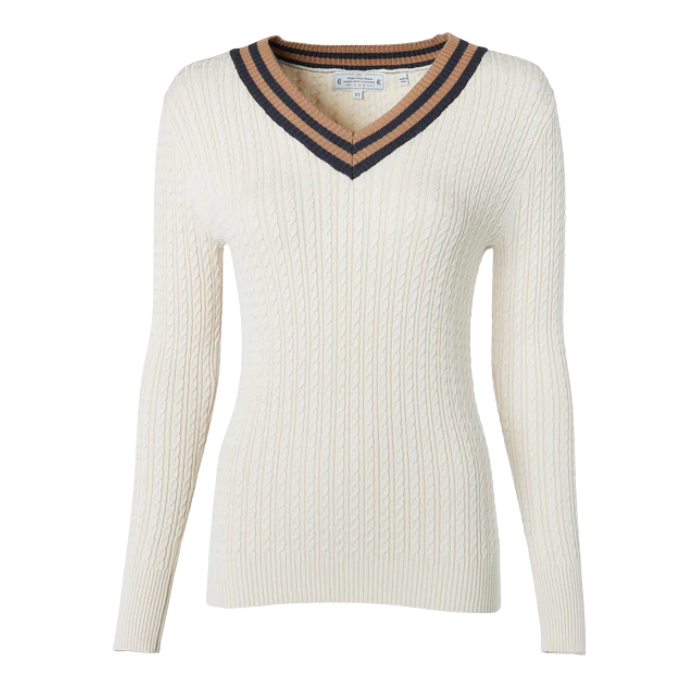 White sweater with a V-neck and brown trim on a white background