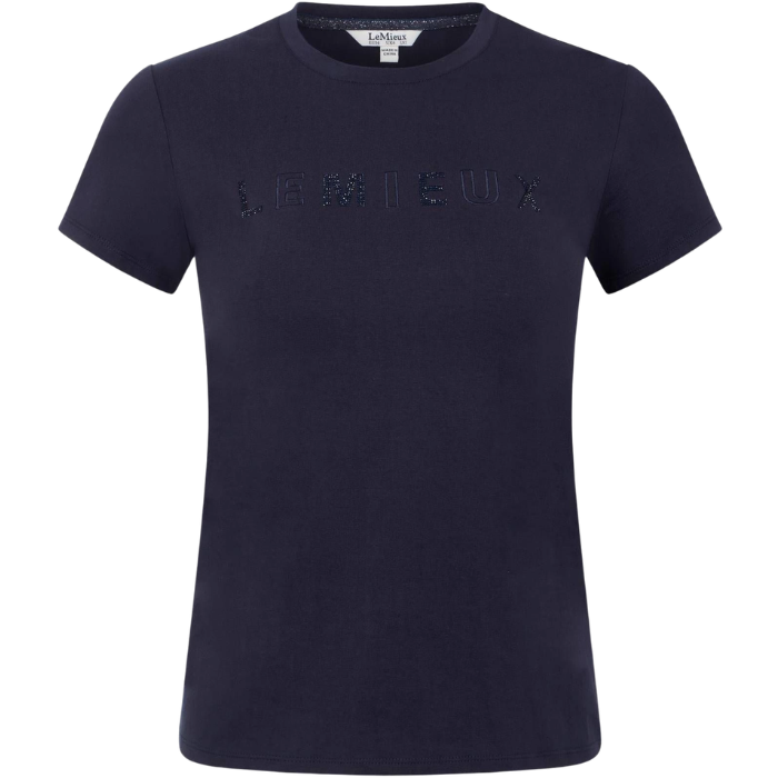 Navy blue t-shirt with brand logo on a white background